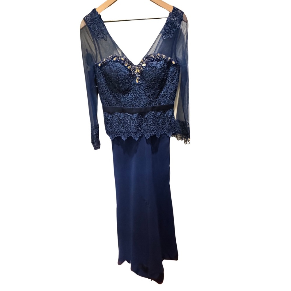 Fabuluxe Couture Navy Blue Formal Gown Sheer Sleeves